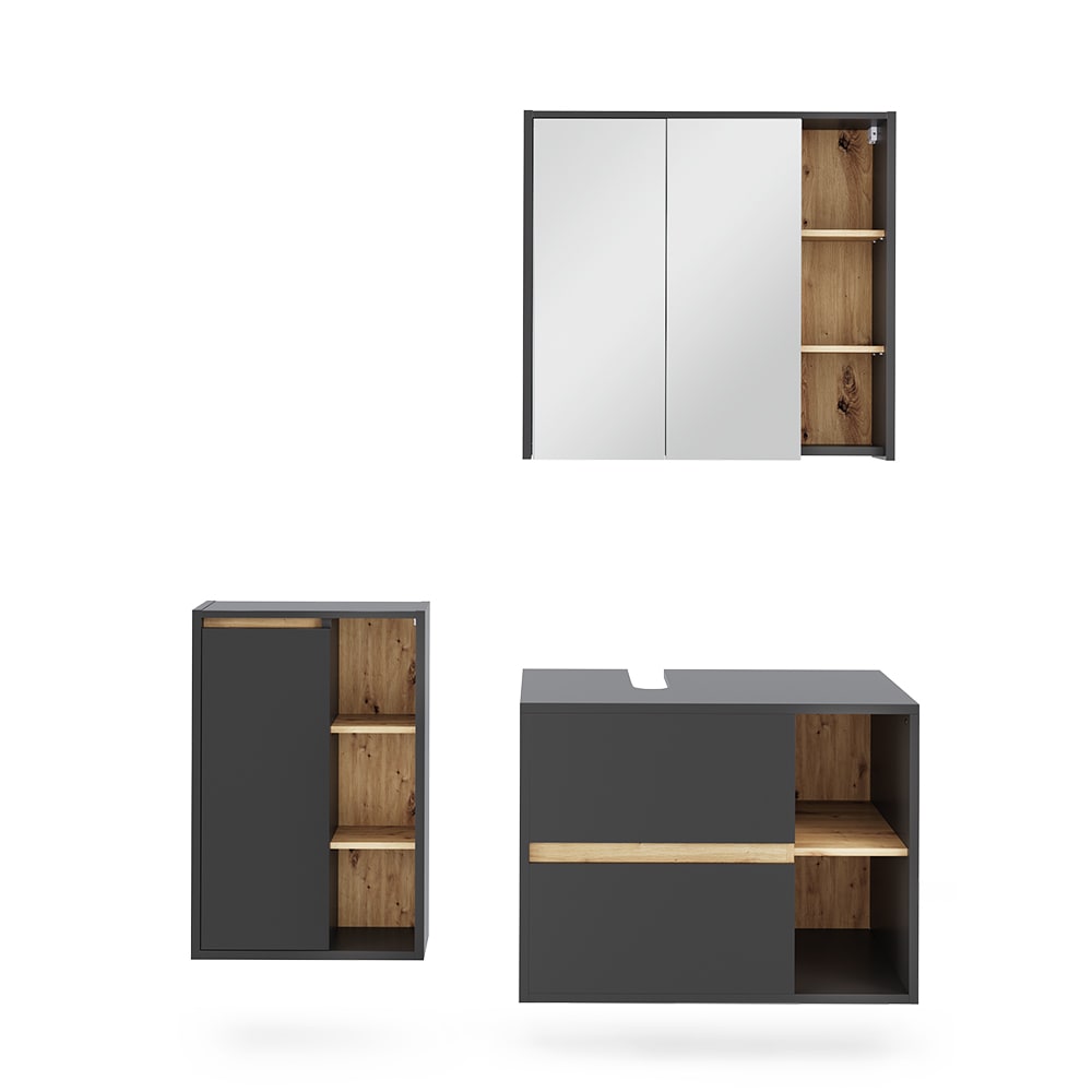 Vicco Badmöbel-Set 3-teilig Grau/Artisan-Eiche 80x60cm style modern Grau Spanplatte