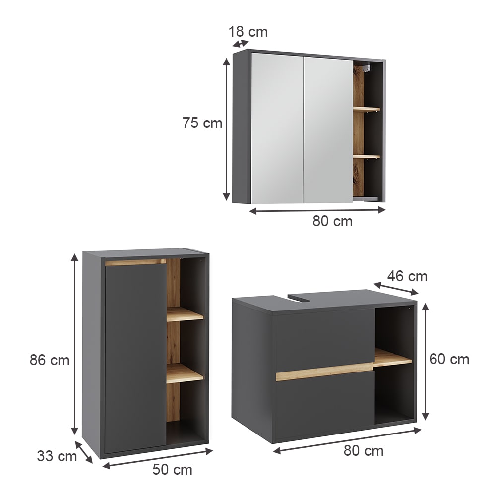 Badmöbel-Set 3-teilig Grau/Artisan-Eiche 80x60cm - Maisons Du