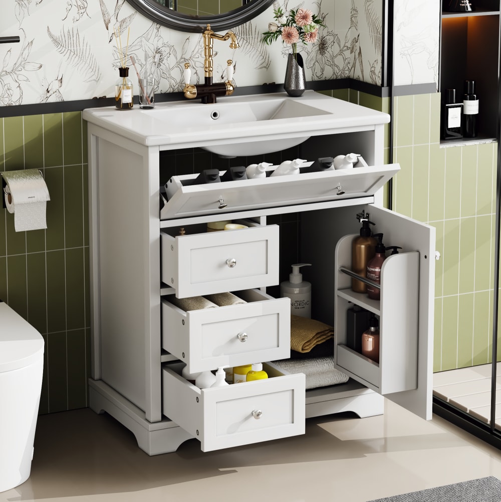 Waschbecken aus Keramik und MDF mit Stauraum 76x46x87 cm, Weiß -