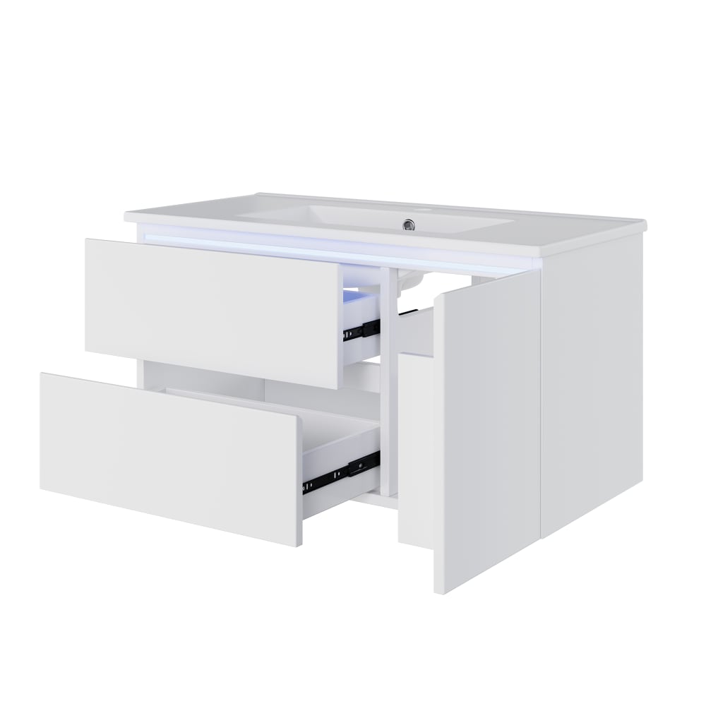 REDOM Waschbecken aus Keramik und Spanplatte mit LED-Sensor91,5x46,5 cm,Weiß Weiß Keramik