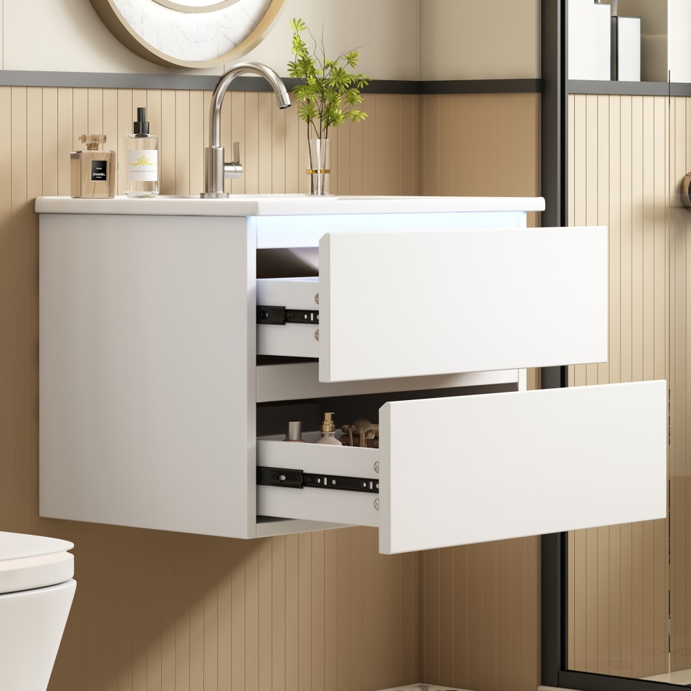 Waschbecken aus Keramik und MDF mit 2 Schubladen 61x46x45 cm,