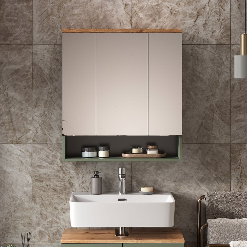 Badspiegelschrank mit 3 Spiegeltüren Grün/Artisan 70x77.5cm -