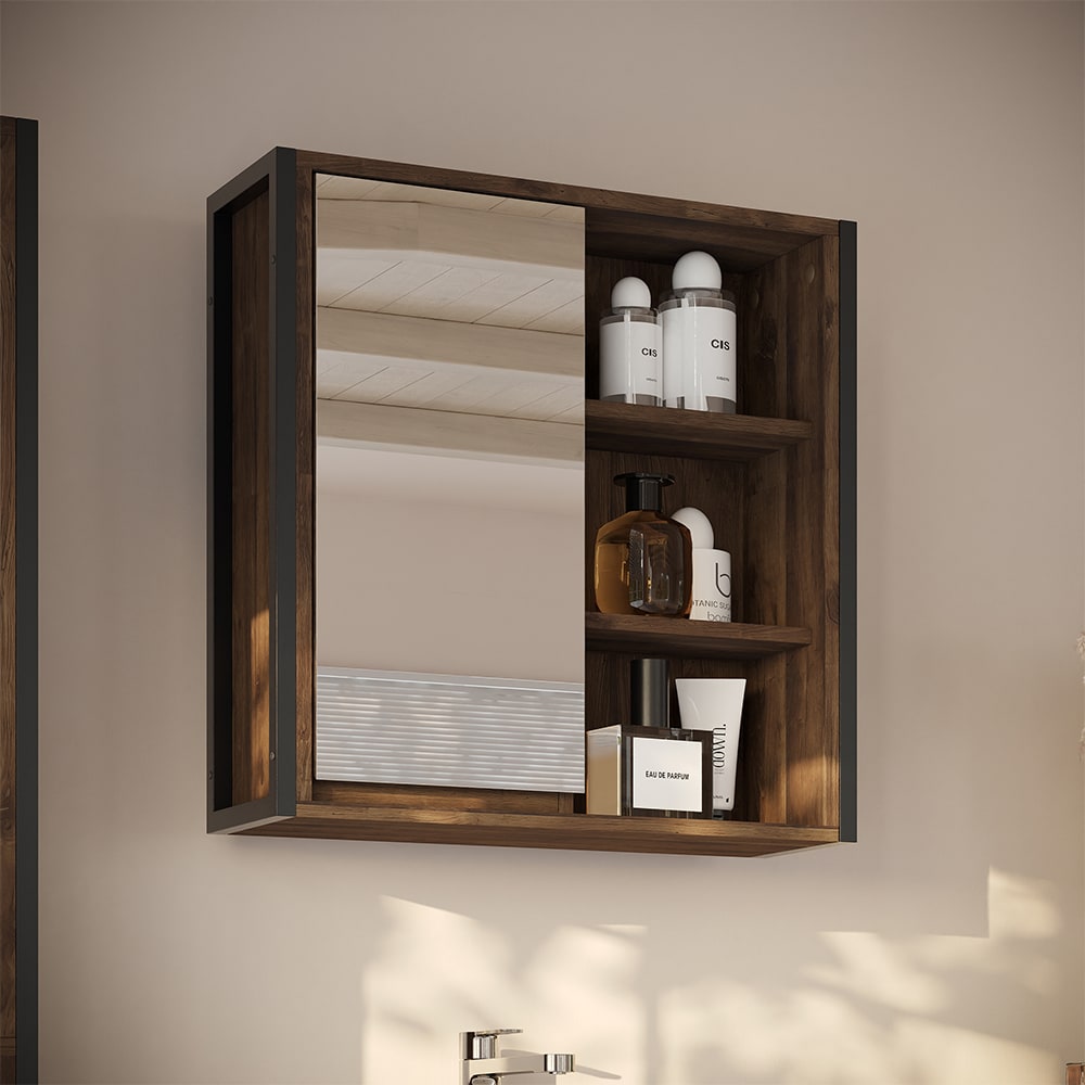 Badspiegelschrank mit 1 Spiegeltür Eiche/Schwarz 62.2x62.5cm -