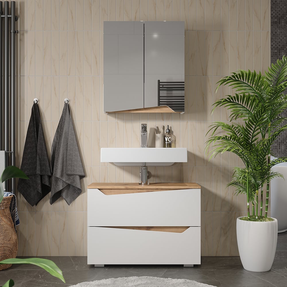 Spiegelschrank mit höhenverstellbarem Einlegeboden Weiß/Artisan