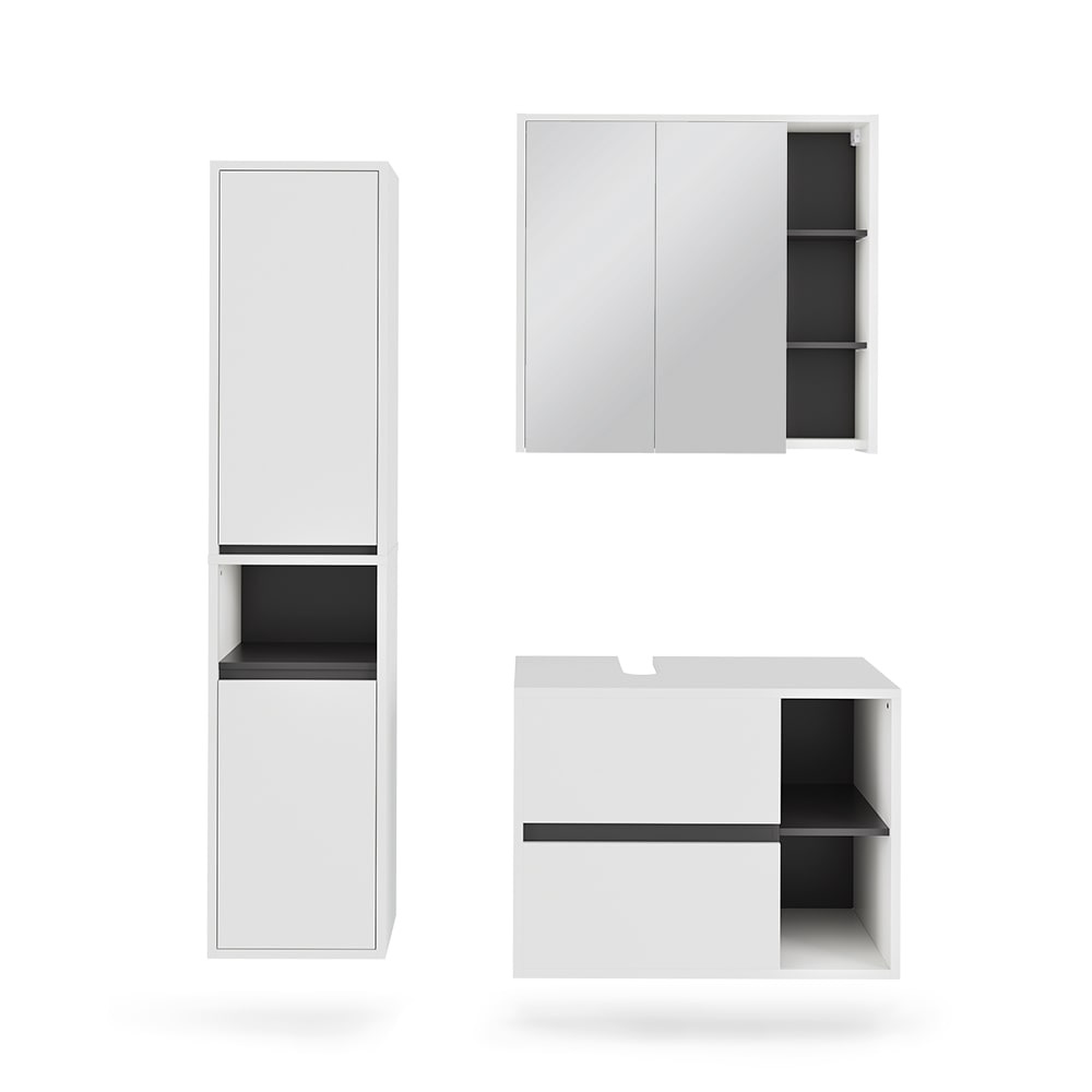 Vicco Badmöbel-Set 3-teilig Weiß/Grau 80x60cm style modern Weiß Spanplatte
