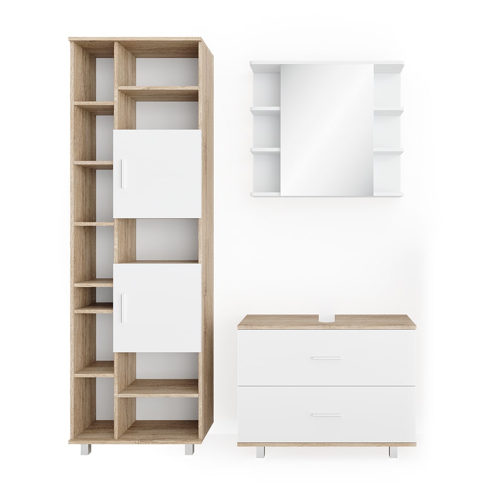 Vicco Badmöbel-Set 3-teilig Weiß/Sonoma 80x60.8cm style modern Weiß Spanplatte