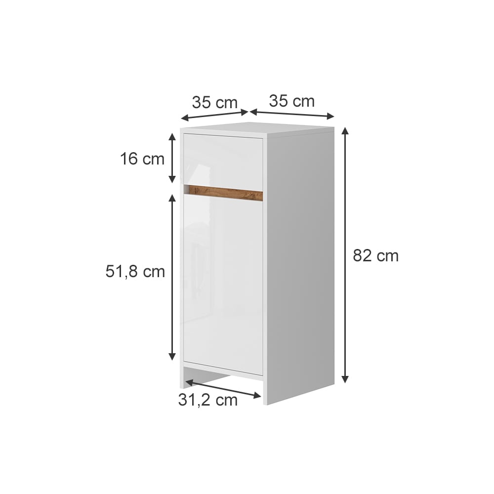 Midischrank mit Tür und Schublade Weiß Hochglanz 35x82cm -