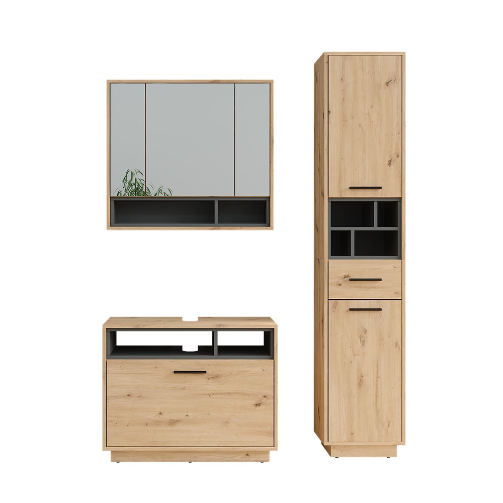 Vicco Badmöbel-Set 3-teilig Artisan-Eiche/Anthrazit 80x64cm style modern Braun Spanplatte