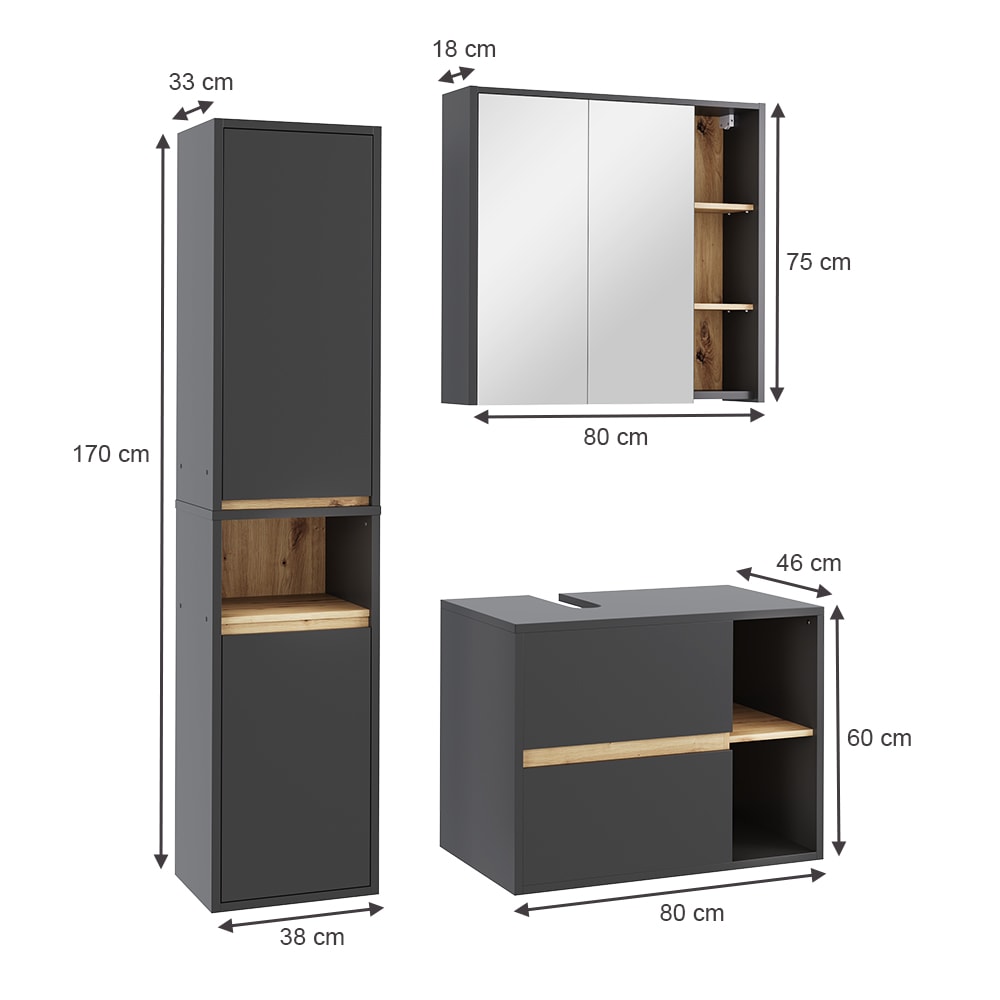 Badmöbel-Set 3-teilig Grau/Artisan-Eiche 80x60cm - Maisons Du
