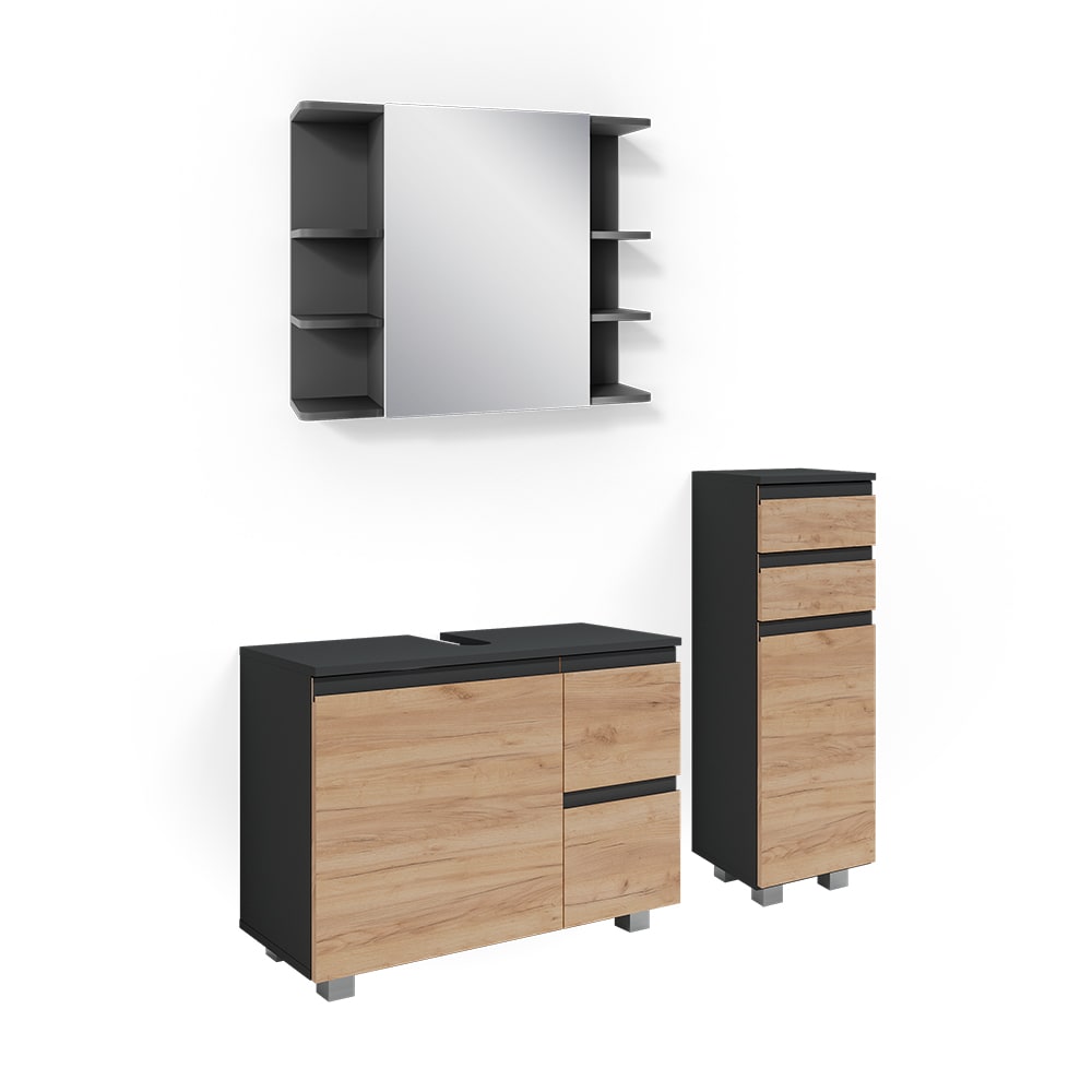 Vicco Badmöbel-Set 3-teilig Anthrazit/Goldkraft Eiche 80x60.8cm style modern Grau Spanplatte