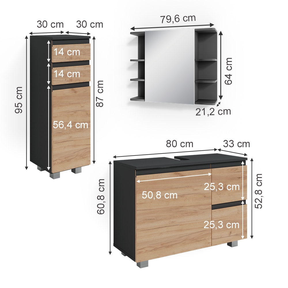 Badmöbel-Set 3-teilig Anthrazit/Goldkraft Eiche 80x60.8cm -