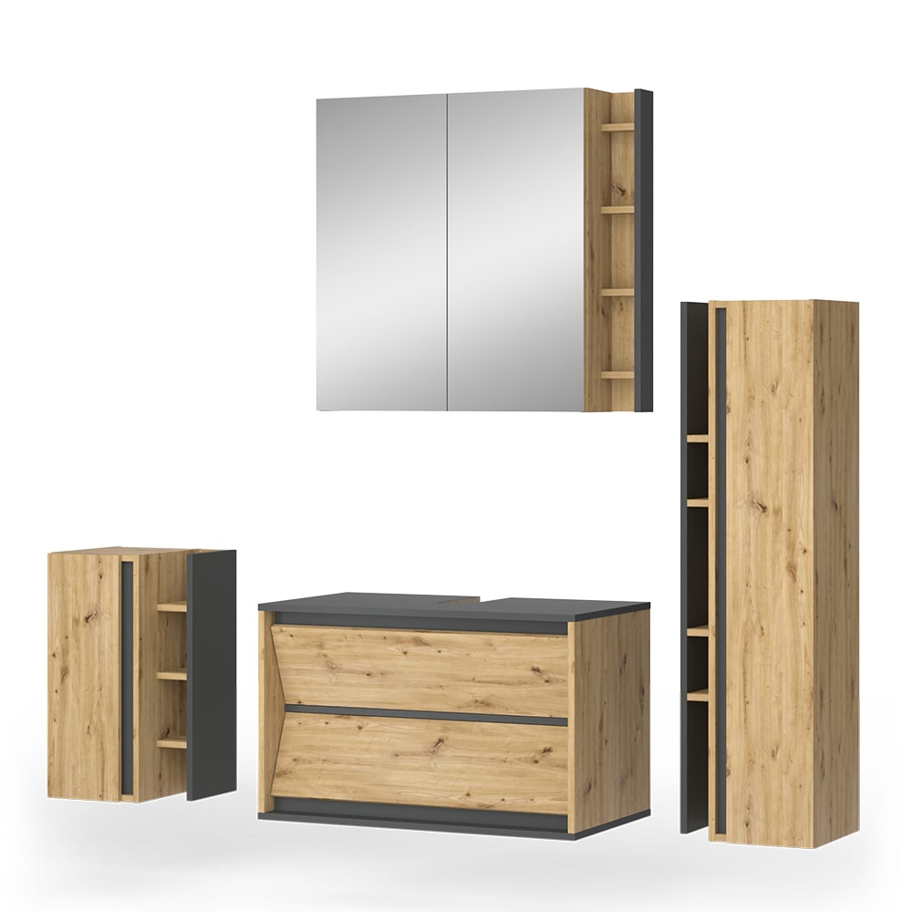 Vicco Badmöbel-Set 4-teilig Anthrazit/Artisan-Eiche 80x50cm style modern Grau Spanplatte