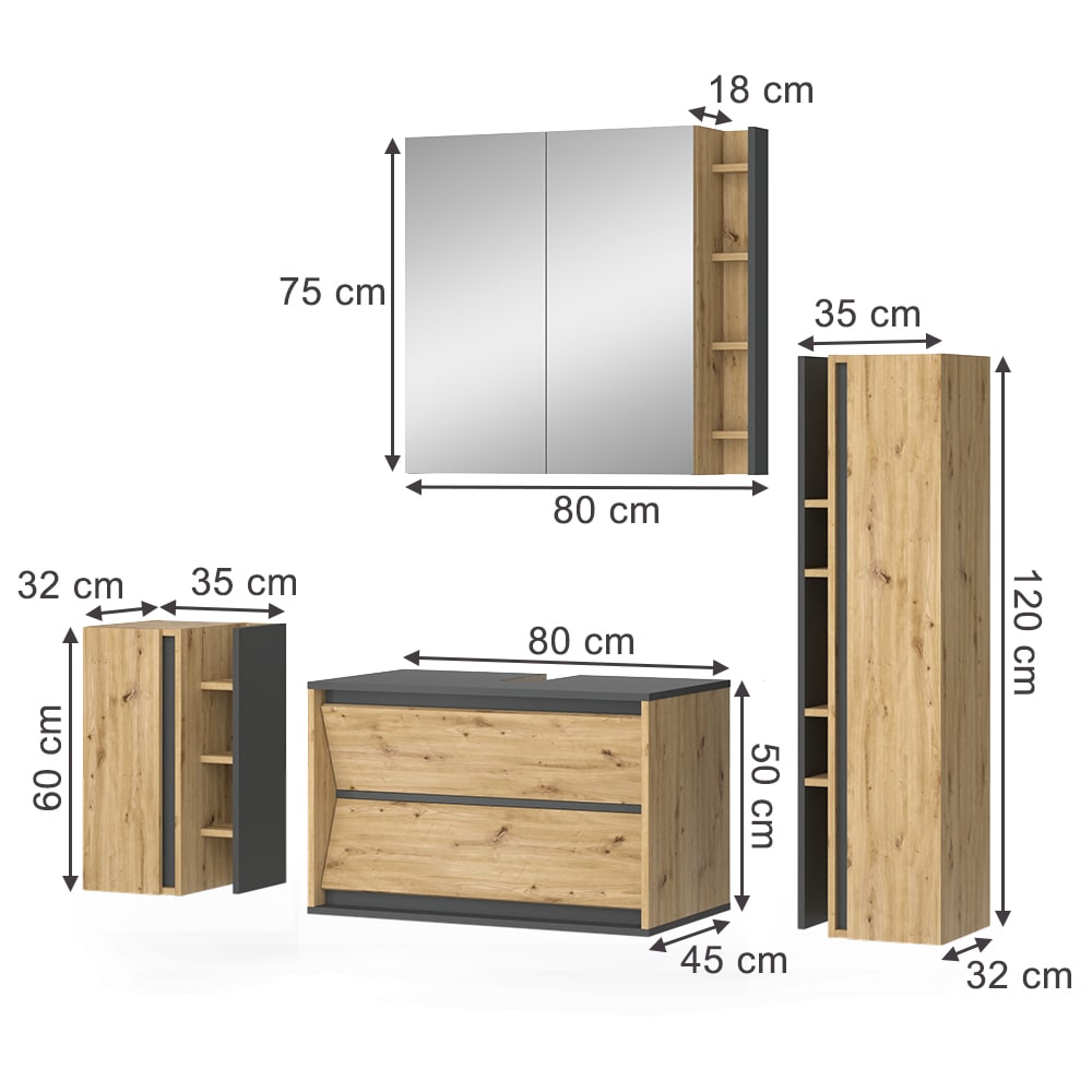 Badmöbel-Set 4-teilig Anthrazit/Artisan-Eiche 80x50cm - Maisons