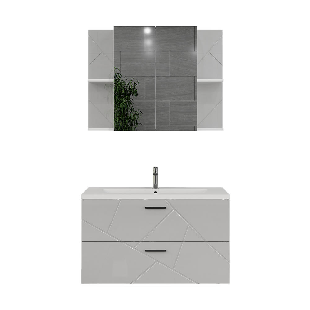 Vicco Badmöbel-Set 3-teilig Weiß/Weiß Hochglanz 100x57cm style modern Weiß Spanplatte