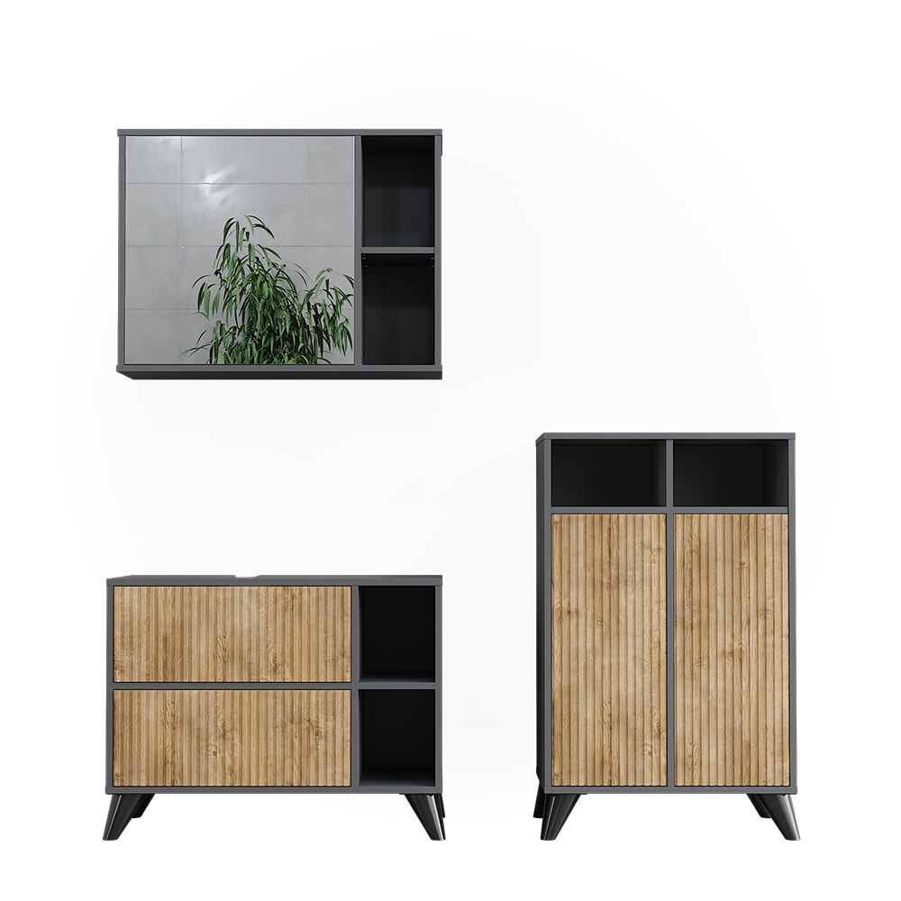 Vicco Badmöbel-Set 3-teilig Anthrazit/Goldkraft Eiche 80x62cm style modern Grau Spanplatte