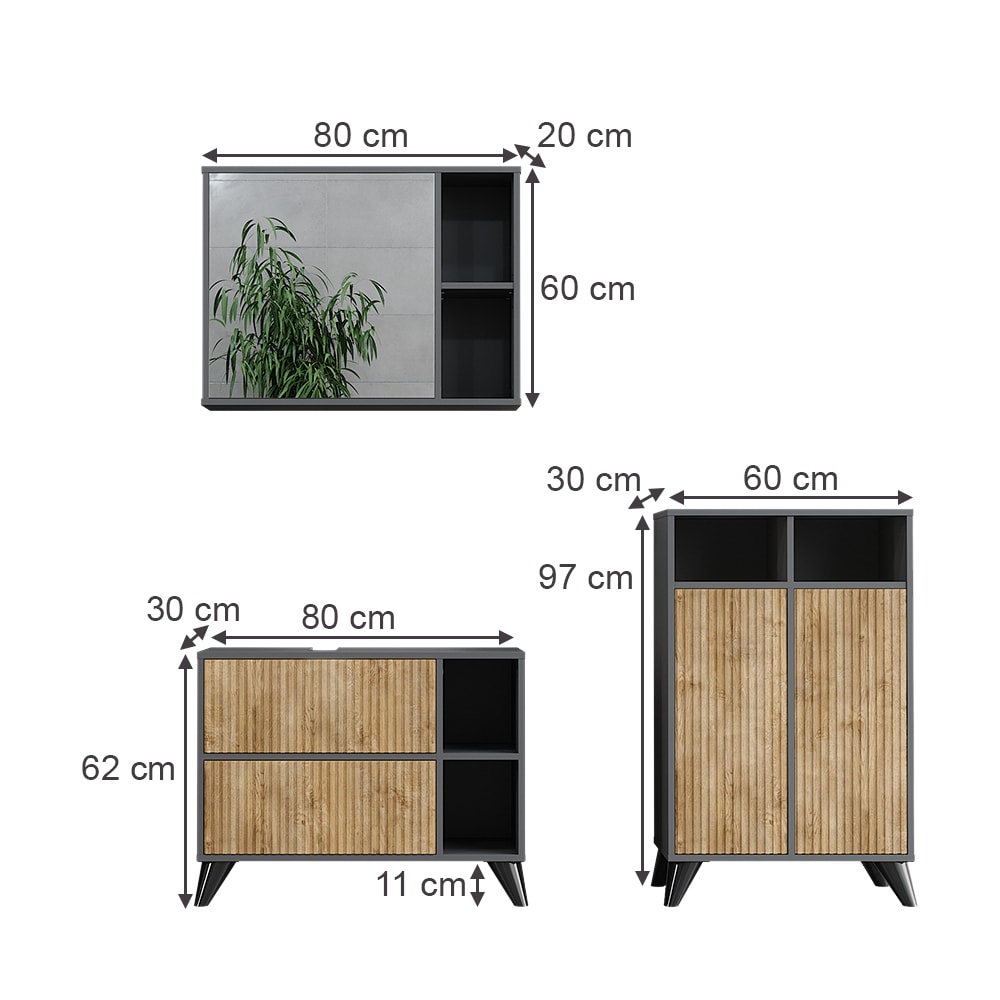 Badmöbel-Set 3-teilig Anthrazit/Goldkraft Eiche 80x62cm - Maisons