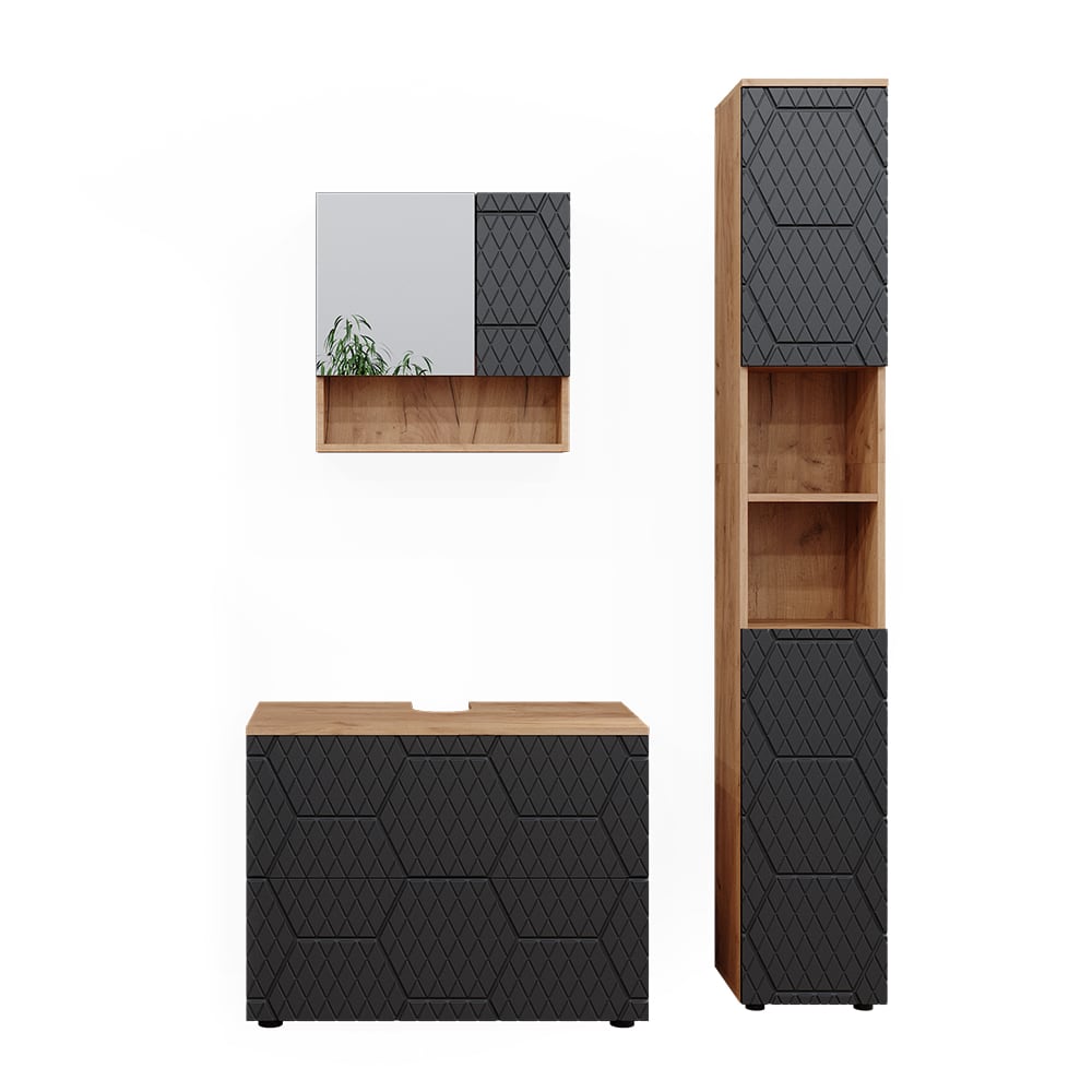 Vicco Badmöbel-Set 3-teilig Anthrazit mit Wabenstruktur 80x58.6cm style modern Grau Spanplatte