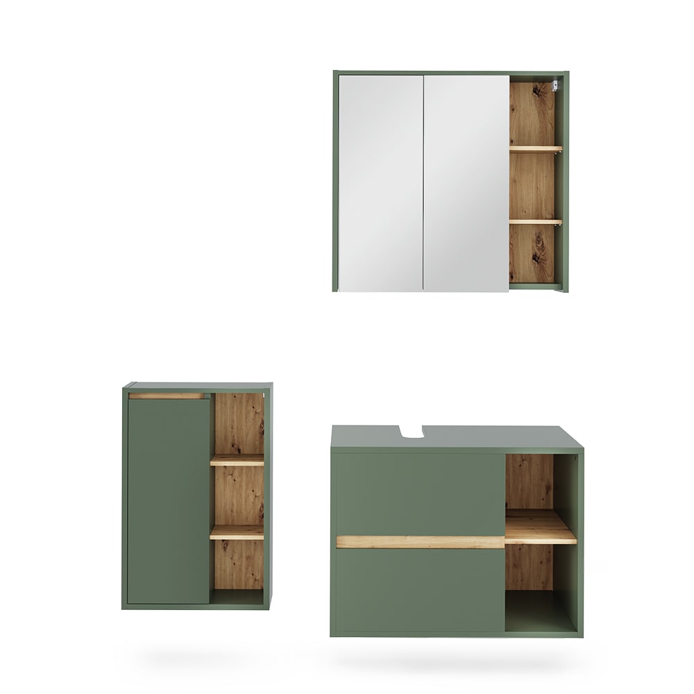 Vicco Badmöbel-Set 3-teilig Grün/Artisan-Eiche 80x60cm style modern Grün Spanplatte