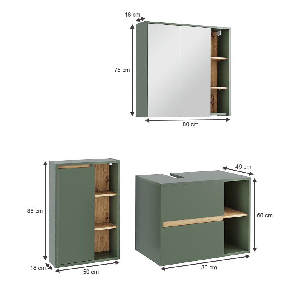 Badmöbel-Set 3-teilig Grün/Artisan-Eiche 80x60cm - Maisons Du