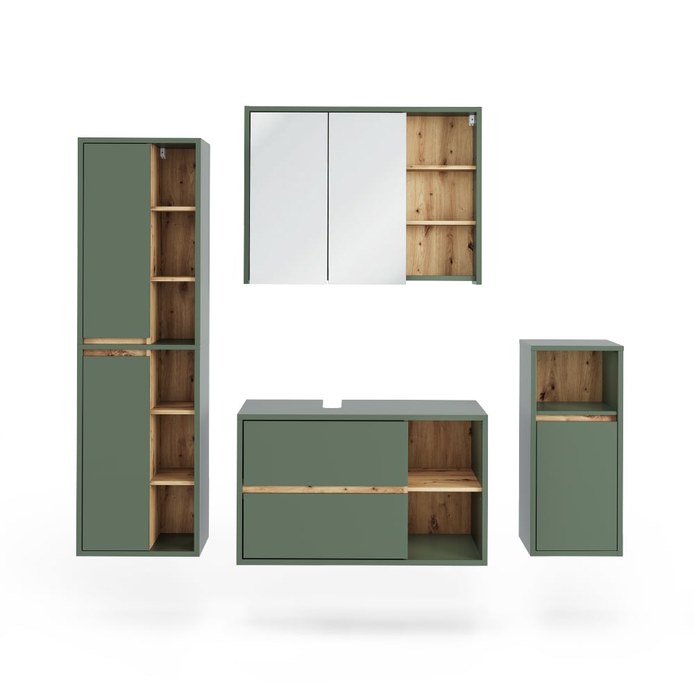 Vicco Badmöbel-Set 4-teilig Grün/Artisan-Eiche 100x60cm style modern Grün Spanplatte