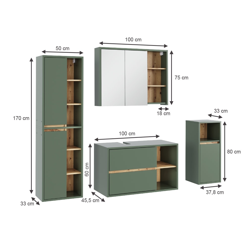 Badmöbel-Set 4-teilig Grün/Artisan-Eiche 100x60cm - Maisons Du