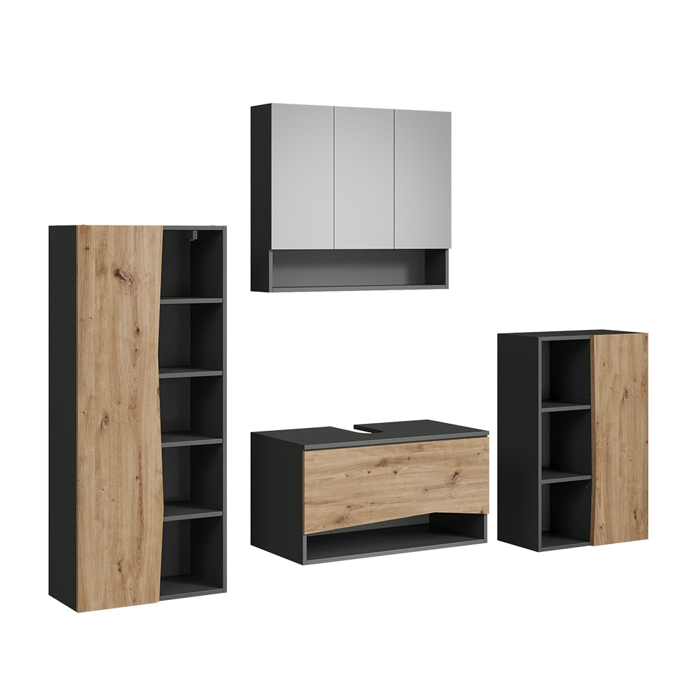 Vicco Badmöbel-Set 4-teilig Artisan-Eiche/Anthrazit 80x42.8cm style modern Braun Spanplatte