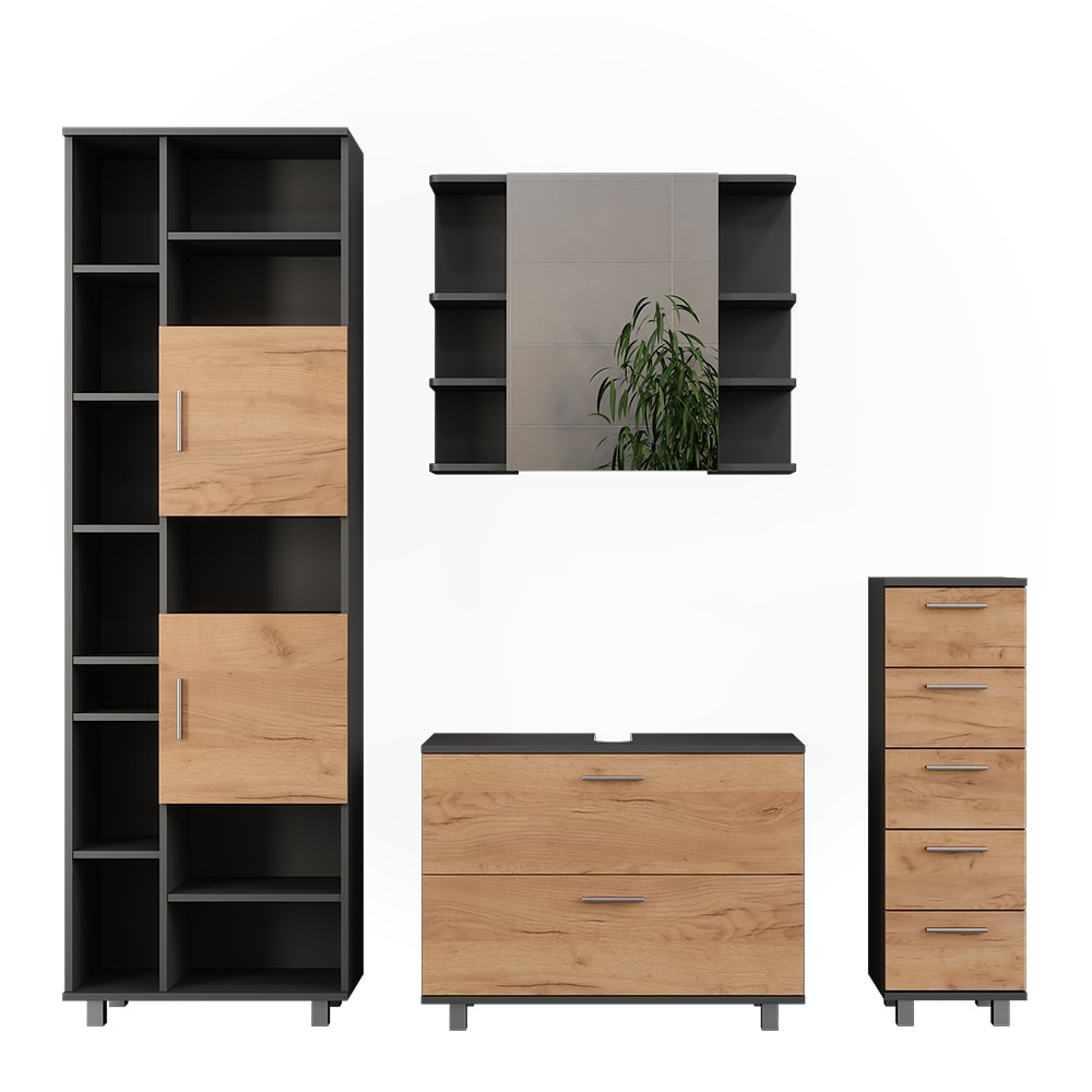 Vicco Badmöbel-Set 4-teilig Goldkraft Eiche/Anthrazit 80x60.8cm style modern Braun Spanplatte