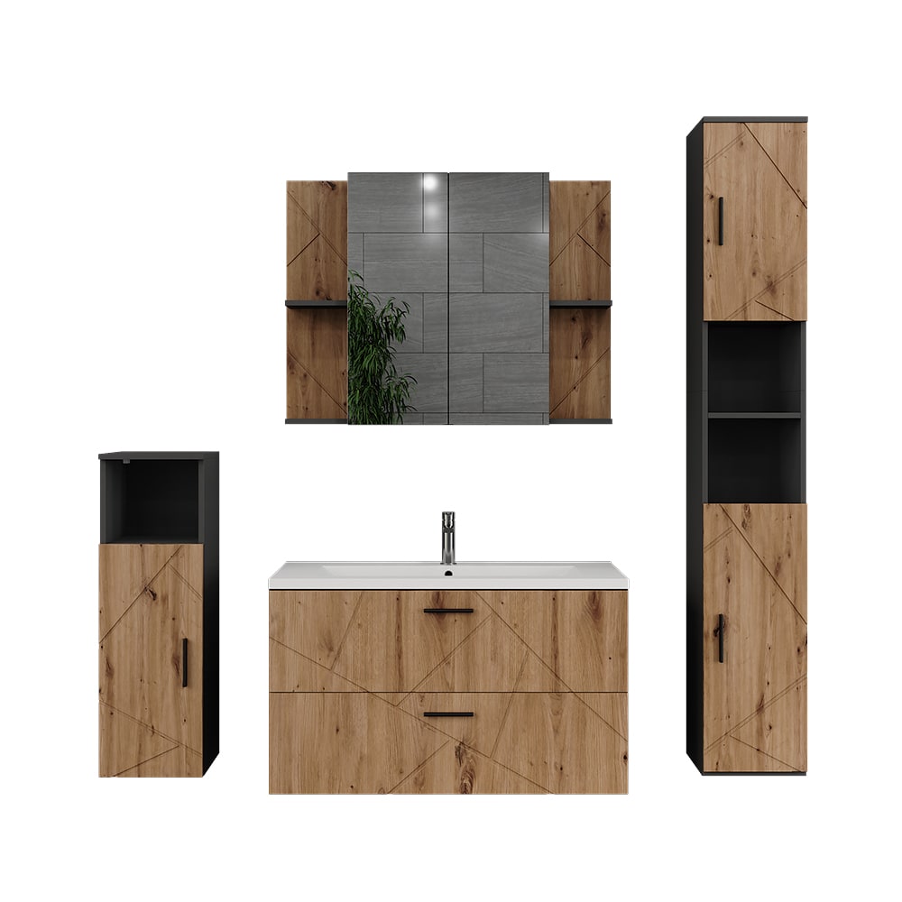 Vicco Badmöbel-Set 5-teilig Anthrazit/Goldkraft Eiche 100x57cm style modern Schwarz Spanplatte