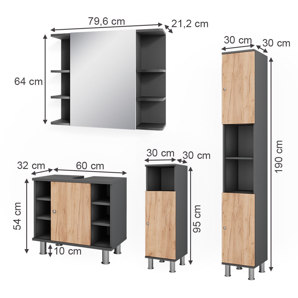 Badmöbel-Set 4-teilig Anthrazit/Goldkraft Eiche 60x54cm - Maisons