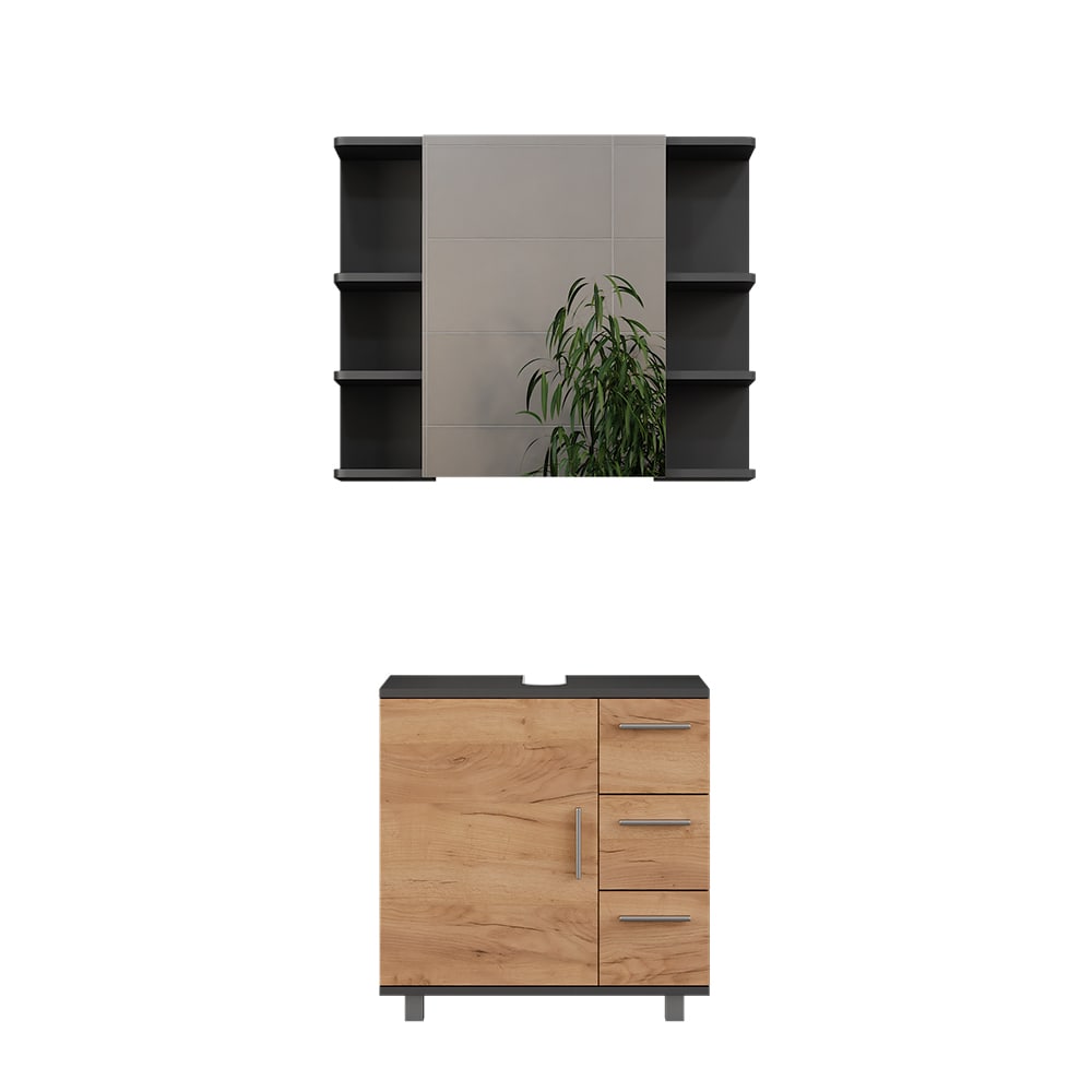 Vicco Waschbeckenunterschrank 2-teilig Anthrazit/Goldkraft Eiche 60x60.8cm style modern Grau Spanplatte