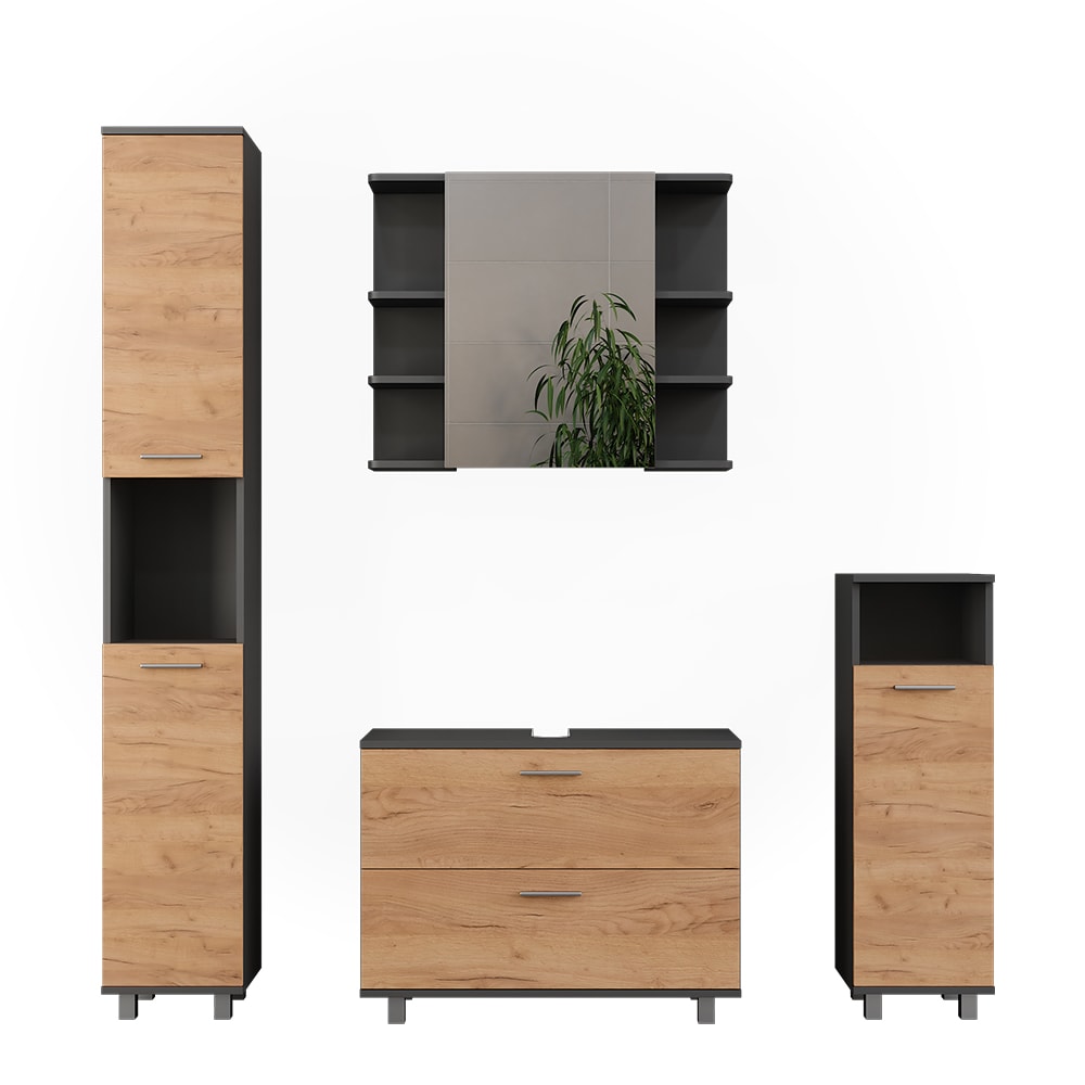 Vicco Badmöbel-Set 4-teilig Goldkraft Eiche/Anthrazit 80x60.8cm style modern Braun Spanplatte