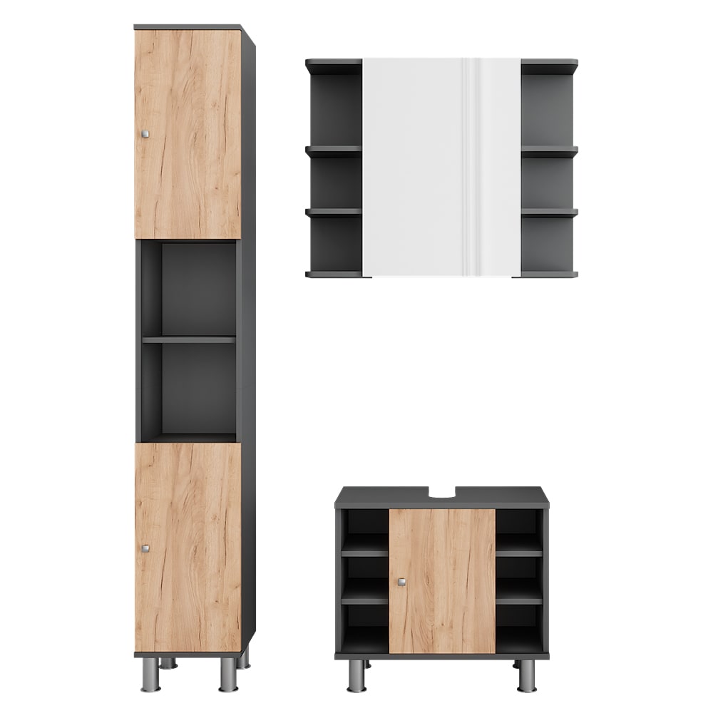 Vicco Badmöbel-Set 3-teilig Anthrazit/Goldkraft Eiche 60x54cm style modern Grau Spanplatte