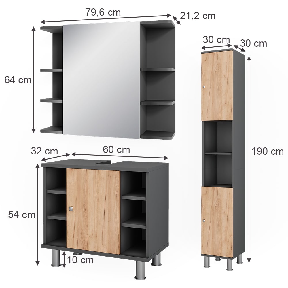 Badmöbel-Set 3-teilig Anthrazit/Goldkraft Eiche 60x54cm - Maisons