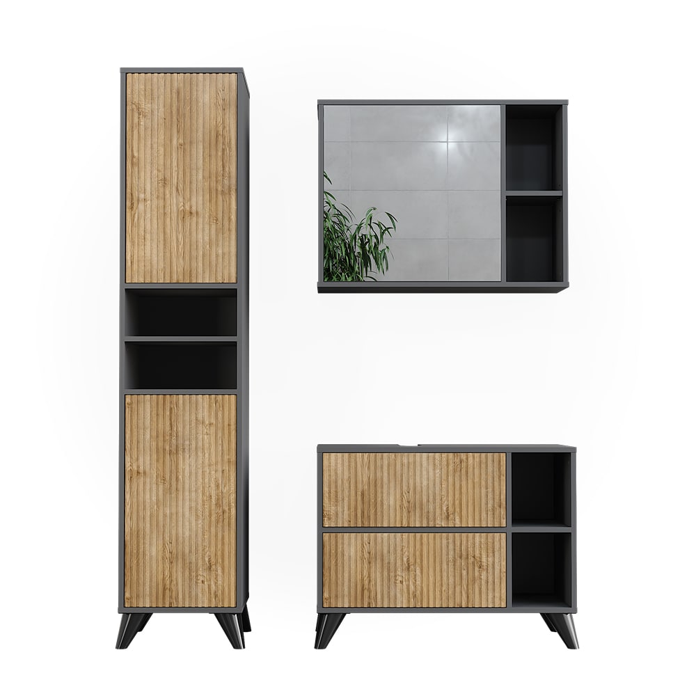 Vicco Badmöbel-Set 3-teilig Anthrazit/Goldkraft Eiche 80x62cm style modern Grau Spanplatte