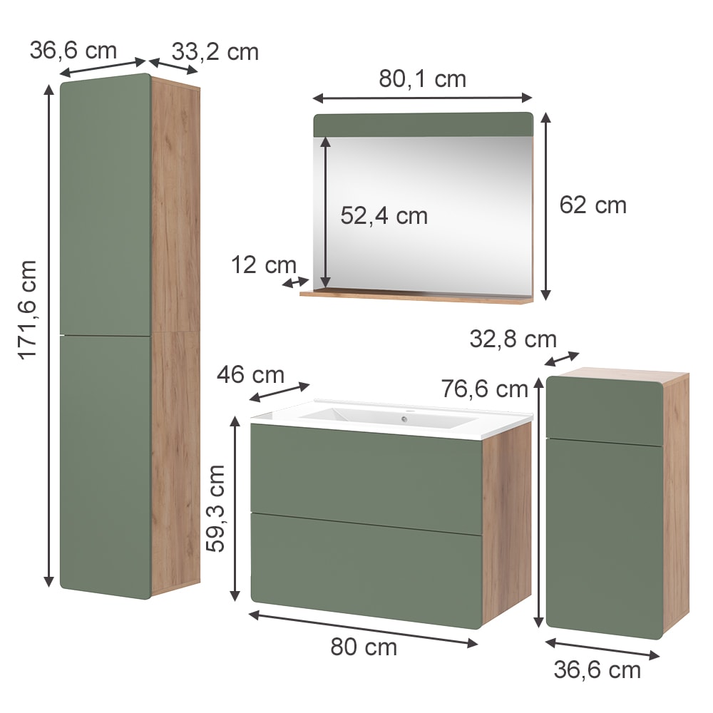 Badmöbel-Set 5-teilig Goldkraft Eiche/Grün 80x59.3cm - Maisons Du