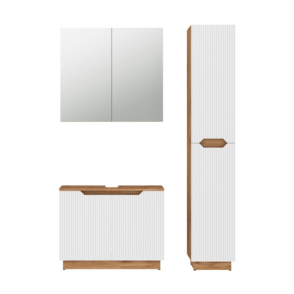 Meubles bain 3 pièces chêne/blanc rayé 79.6x62.5cm Meubles bain 3 pièces chêne/blanc rayé 79.6x62.5cm