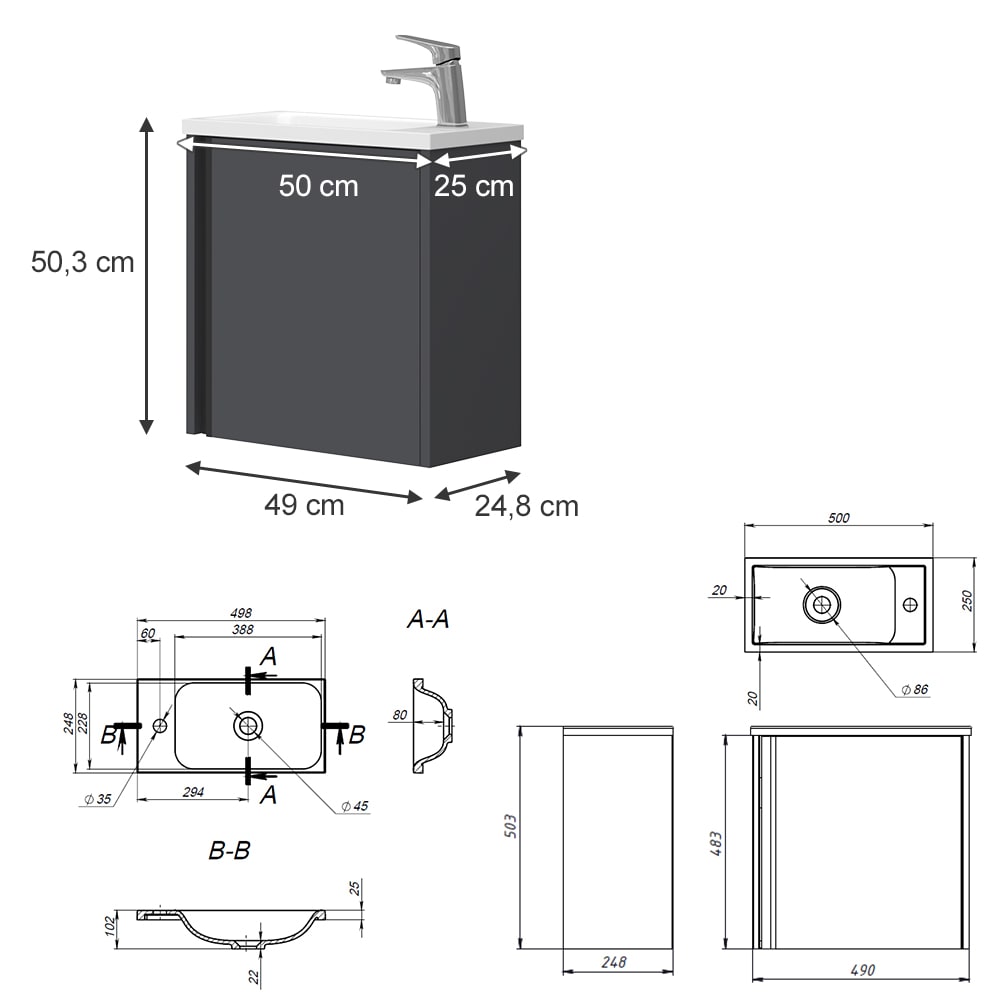 Waschbeckenunterschrank 2-teilig Anthrazit 50x50.3cm - Maisons Du
