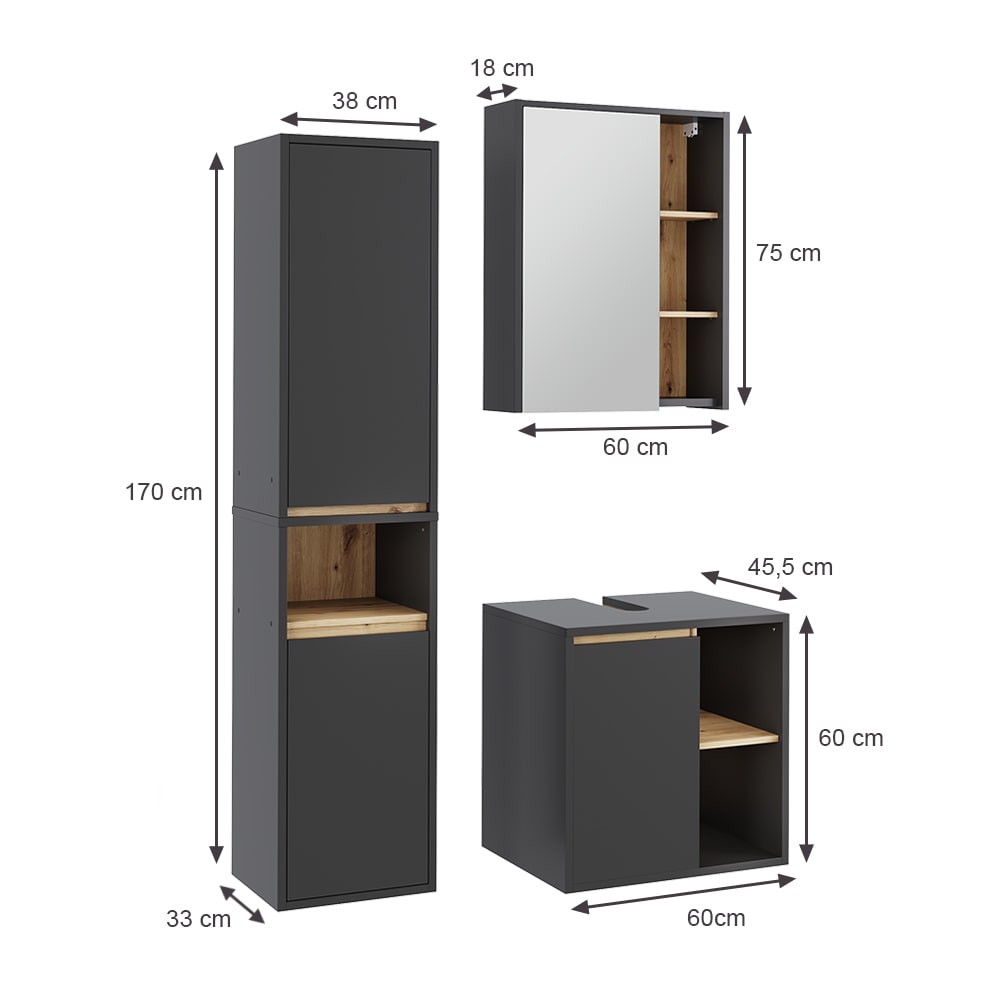 Badmöbel-Set 3-teilig Grau/Artisan-Eiche 60x60cm - Maisons Du