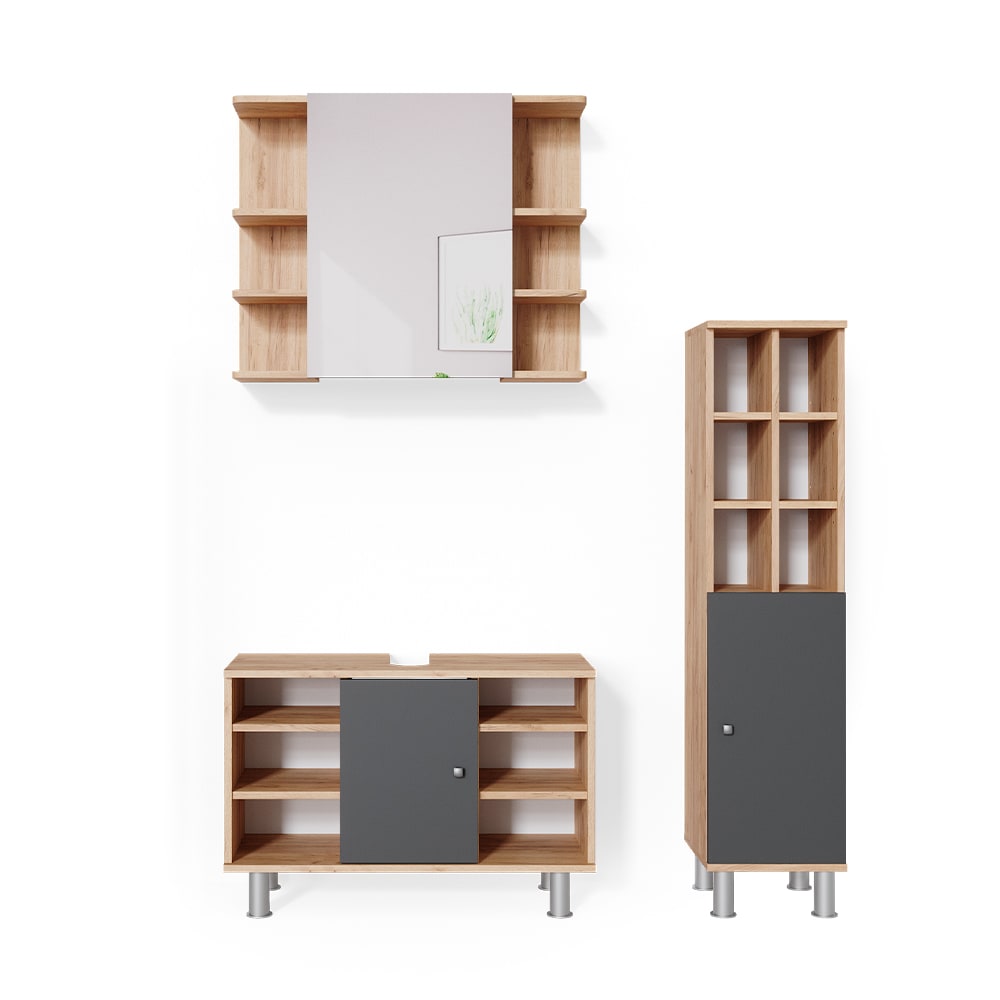 Vicco Badmöbel-Set 3-teilig Goldkraft Eiche 80x54cm style modern Braun Spanplatte