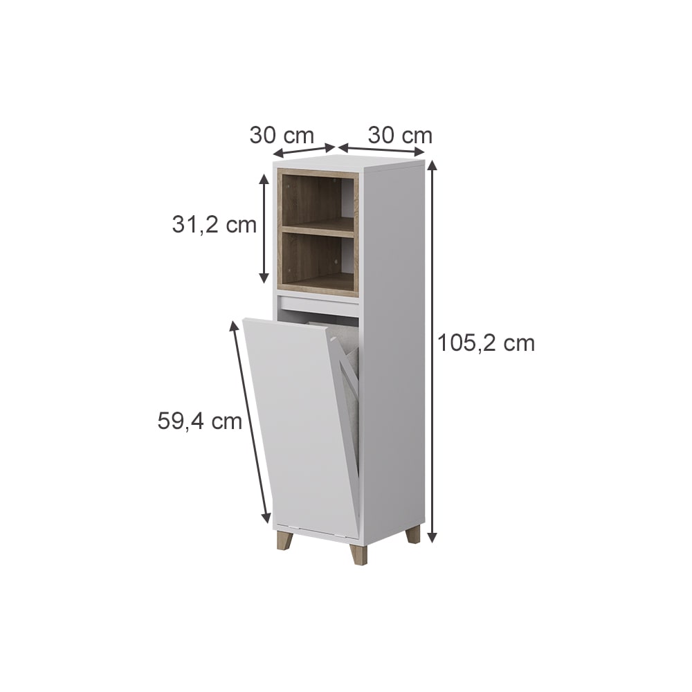 Midischrank mit ausklappbarem Wäschebehälter Weiß/Eiche 30x105cm