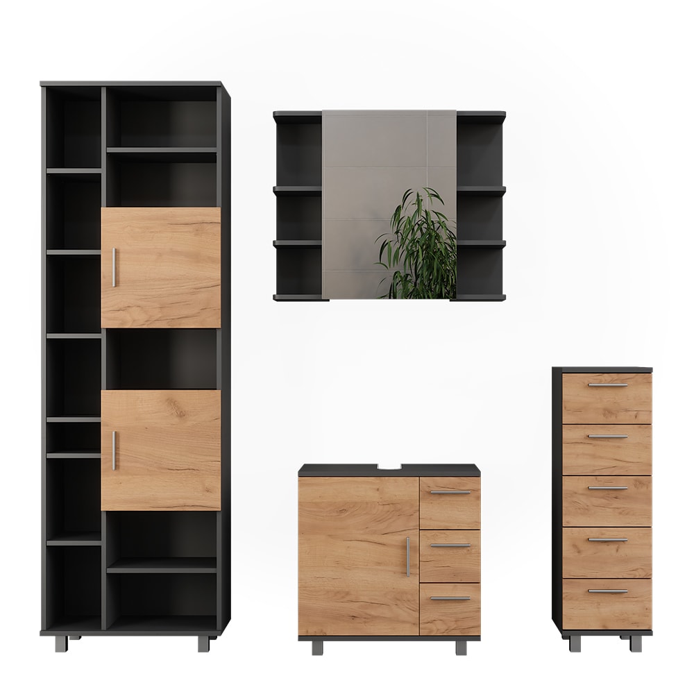 Vicco Badmöbel-Set 4-teilig Anthrazit/Goldkraft Eiche 60x60.8cm style modern Grau Spanplatte