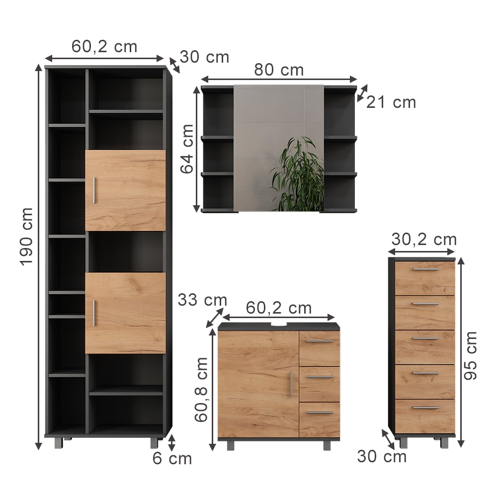 Badmöbel-Set 4-teilig Anthrazit/Goldkraft Eiche 60x60.8cm -