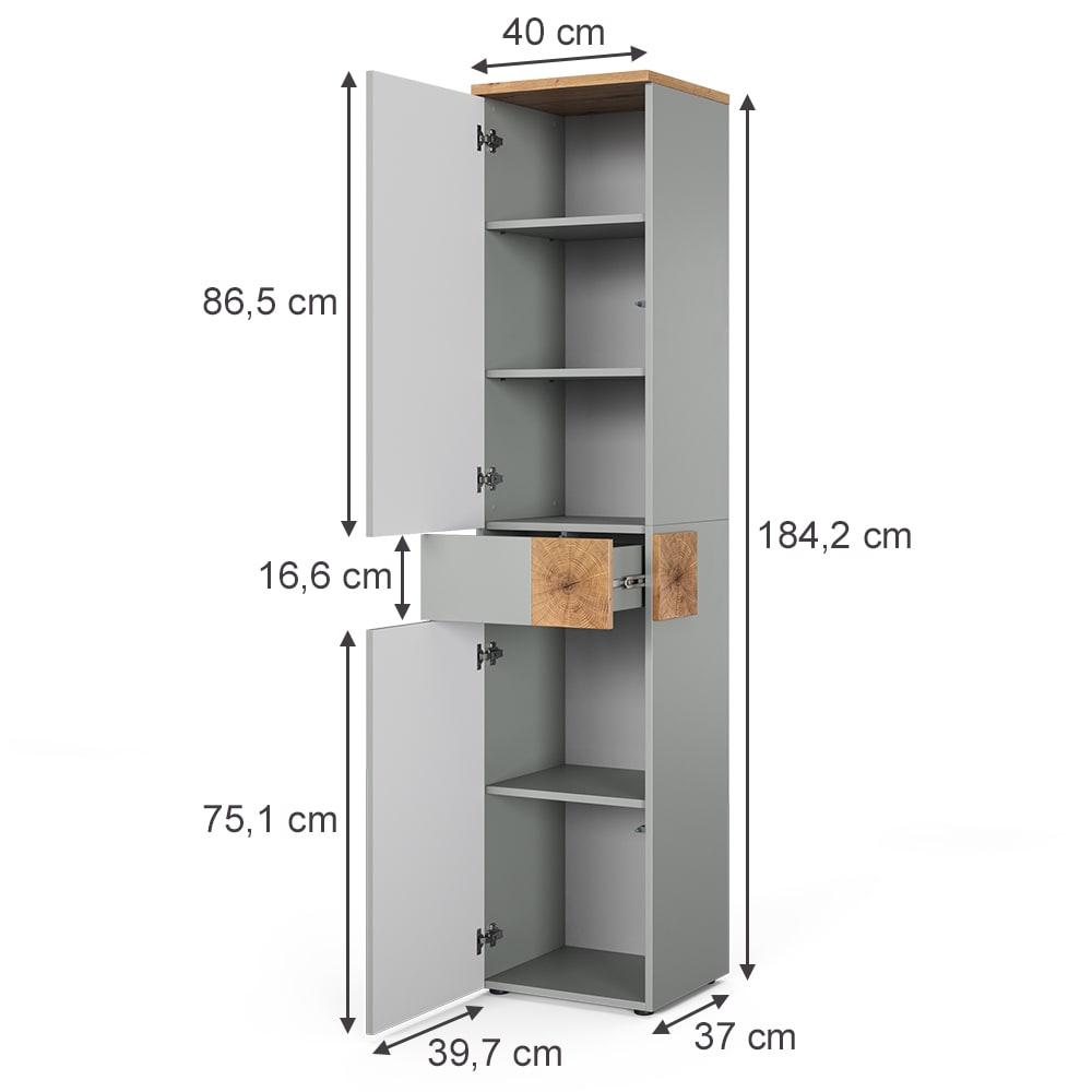Hochschrank mit 2 Türen & 1 Schublade Grau/Artisan 40x184.2cm -
