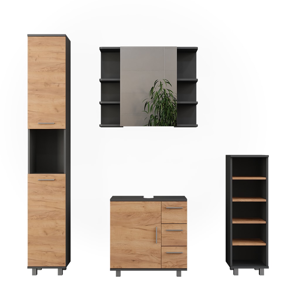 Vicco Badmöbel-Set 4-teilig Anthrazit/Goldkraft Eiche 60x60.8cm style modern Grau Spanplatte