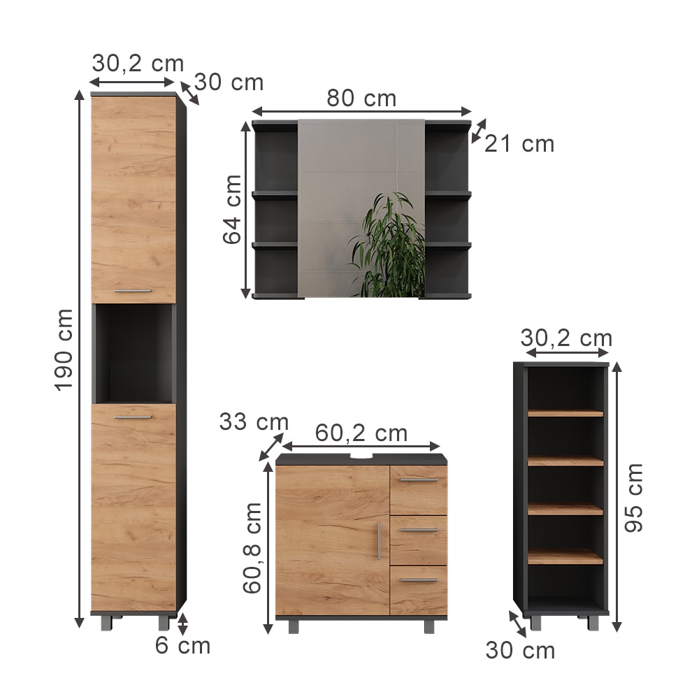 Badmöbel-Set 4-teilig Anthrazit/Goldkraft Eiche 60x60.8cm -