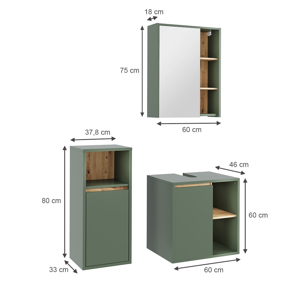 Badmöbel-Set 3-teilig Grün/Artisan-Eiche 60x60cm - Maisons Du
