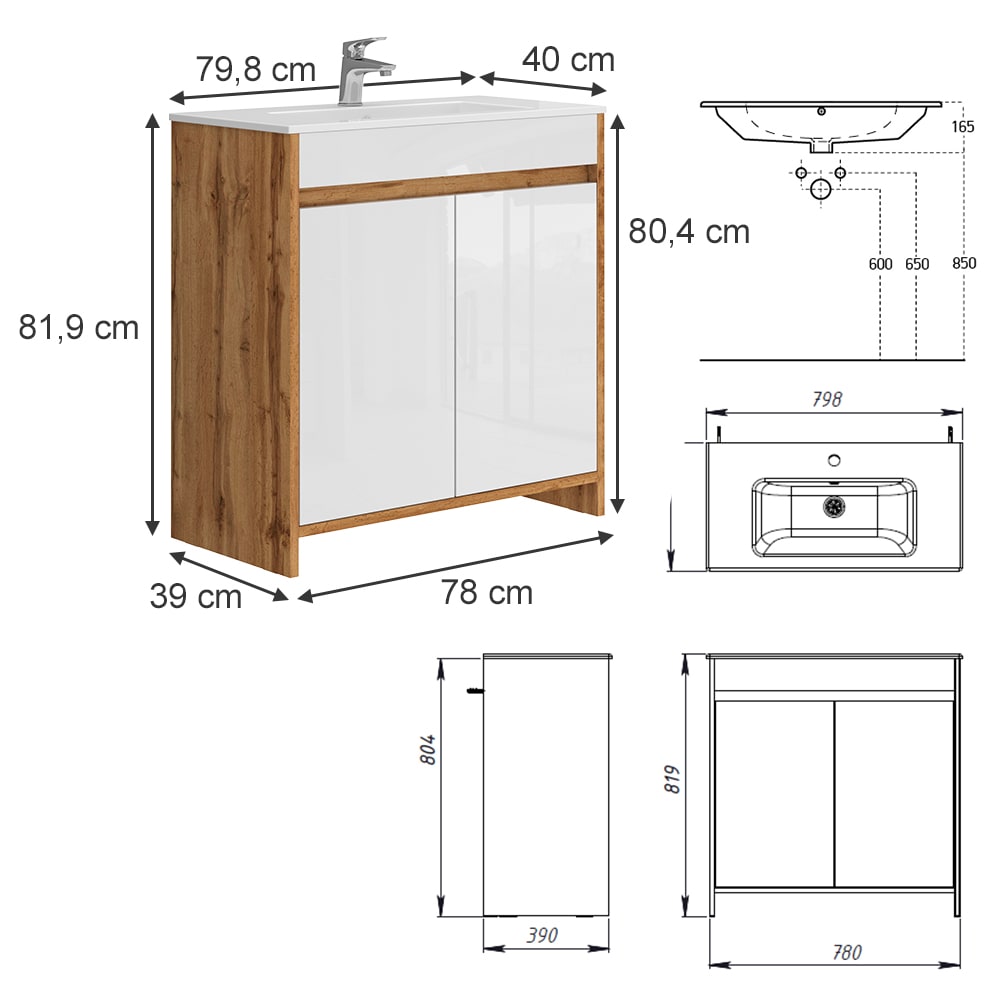 Waschbeckenunterschrank 2-teilig Goldkraft Eiche 80x80.4cm -