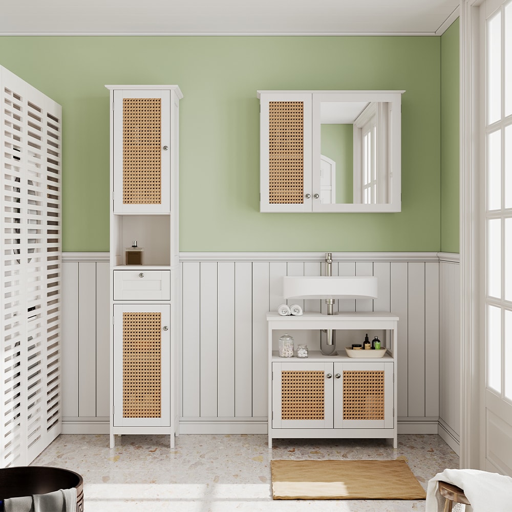 Badschrank mit 2 Türen und Schublade, Weiß 32 x 170cm - Maisons