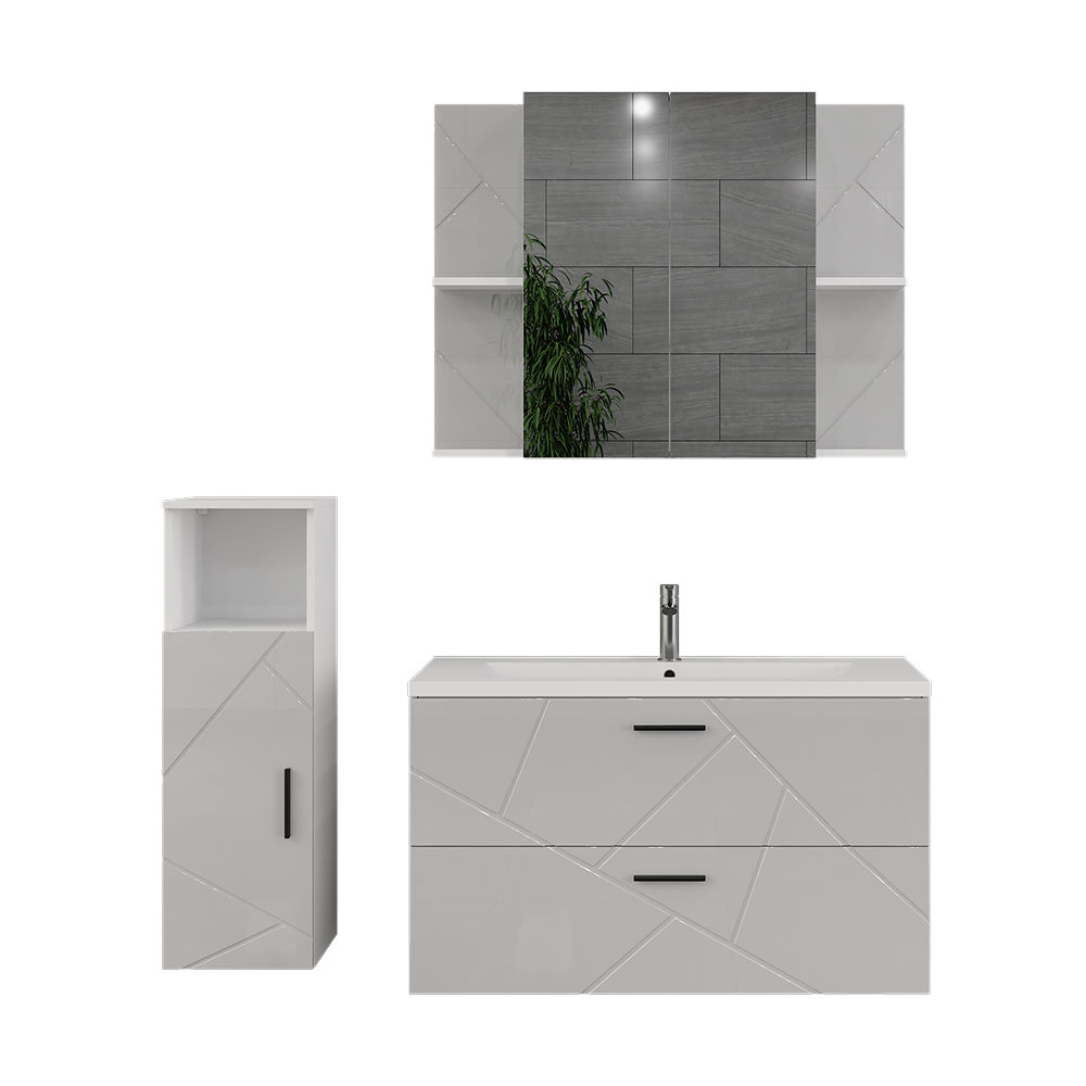 Vicco Badmöbel-Set 3-teilig Weiß/Weiß Hochglanz 100x57cm style modern Weiß Spanplatte