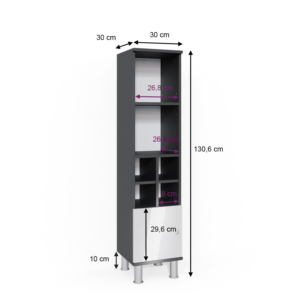 Midischrank kleine Tür, Weiß Hochglanz 30 x 130.6cm - Maisons Du